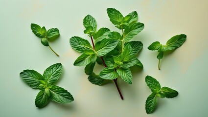 Fototapete - Vibrant green mint leaves arranged artistically on a soft pastel background with both large and small leaves creating a fresh, organic feel.