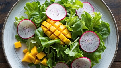 Poster - Colorful fresh salad with green lettuce, sliced radishes, and diced mango on a round plate. Top view close-up with ample copy space for design.
