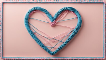 Aufkleber - Heart shape made of intertwined blue and pink strings on a soft pastel pink background, enclosed by a colorful bordered frame.