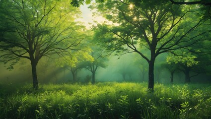 Fototapete - Lush green forest scene with vibrant trees and grass in foreground, soft sunlight filtering through leaves creating a serene atmosphere