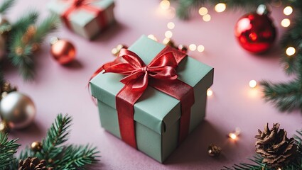 Poster - Green gift box adorned with a red ribbon placed in the center against a pastel pink background surrounded by festive ornaments and foliage.
