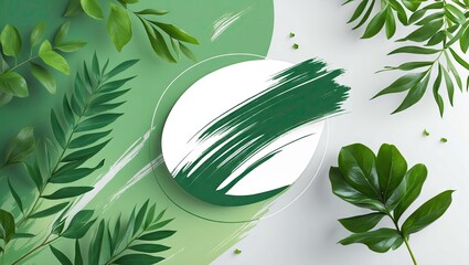 Poster - Eco-friendly green brush stroke on a textured background featuring vibrant green leaves, arranged to create a natural and organic aesthetic.