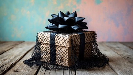 Poster - Elegant gift box adorned with black netting and a bold bow placed on rustic wooden boards against a pastel gradient background.