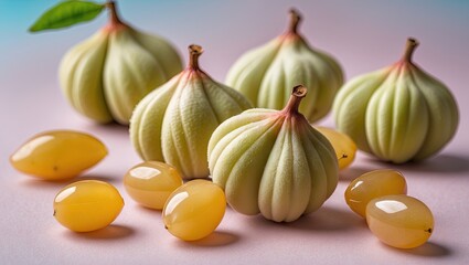 Poster - Longan fruit arrangement on a soft pink pastel background with light green accents highlighting the natural textures and summer vibes.