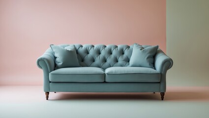 Poster - Chic tufted fabric sofa in soft teal color centered on a pastel pink and green background for modern interior design inspiration.
