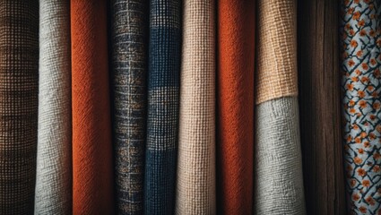 Poster - Diverse textile fabric textures in earthy tones featuring warm oranges, muted browns, and cool blues arranged vertically on a rustic backdrop.