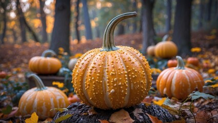 Poster - Vibrant orange pumpkins with textured skin among fallen autumn leaves in a forest setting with soft sunlight filtering through trees.