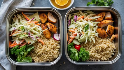 Poster - Healthy meal prep containers with colorful quinoa, grilled chicken, and fresh coleslaw on a gray background, garnished with herbs and lemon slices.