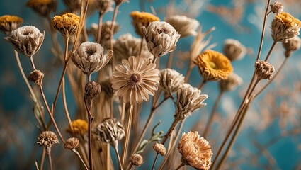 Aufkleber - Dried flowers in vintage tones against a soft blue background with warm yellow and beige hues, creating a nostalgic, rustic ambiance.