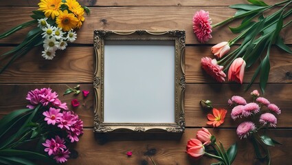 Aufkleber - Elegant vintage photo frame surrounded by vibrant colorful flowers in hues of pink, yellow, and white on a rustic wooden table, top view.