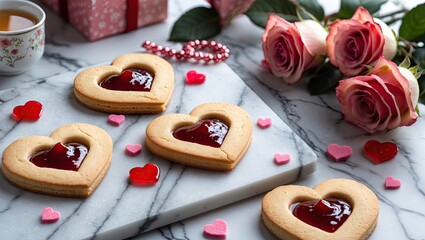 Aufkleber - Heart-shaped cookies filled with red jelly on marble surface surrounded by pink roses, candy hearts, and a gift box with a cup of tea.
