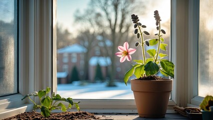 Poster - Bright flowering plant in terracotta pot on sunny windowsill with snow outside creating a warm cozy atmosphere and soft sunlight illuminating the scene.