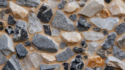 Poster - Multicolored granite and quartz stone texture with sharp black, white, and gray fragments set against a light beige background, detailed surface view