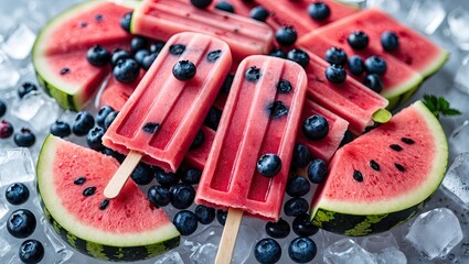 Poster - Colorful watermelon and blueberry popsicles arranged on a bed of ice with fresh watermelon slices, vibrant pinks and blues, ample space for text.