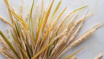 Poster - Dried rice leaves in varying shades of gold and green are elegantly arranged against a soft white pastel background for a natural, calming feel.