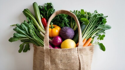 Poster - Handmade jute bag filled with colorful vegetables and fruits including tomatoes, peppers, and carrots against a white background, copy space available.
