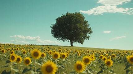 Poster - A lone tree standing in a field of blooming sunflowers.