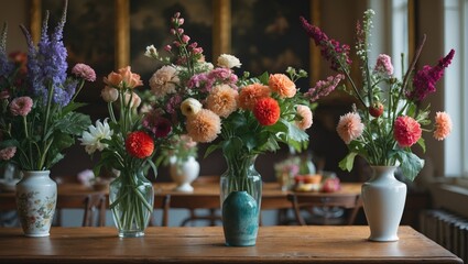 Aufkleber - Colorful floral arrangements in vases on a wooden table with soft lighting, featuring pink, orange, and purple flowers, creating a warm ambiance.