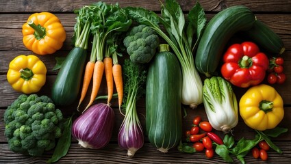 Poster - Vibrant fresh vegetables including yellow bell peppers, zucchini, carrots, purple eggplant, and cherry tomatoes arranged on a rustic wooden table.