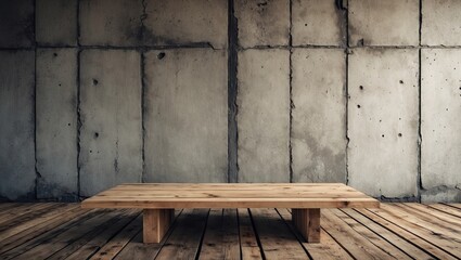 Poster - Wooden plank table positioned centrally in front of a textured concrete wall with a grunge finish, ideal for product display and montage use.