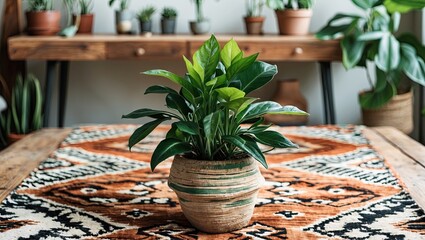 Aufkleber - Lush green plant in a decorative pot on rustic wooden table with geometric patterned rug in warm tones, featuring a variety of surrounding plants.