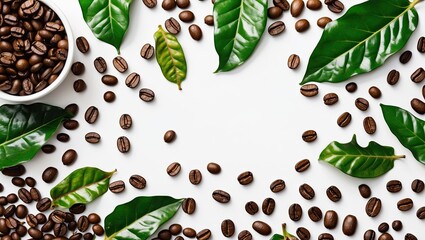 Poster - Fresh coffee beans scattered with vibrant green leaves on a white background, featuring a small white cup overflowing with beans on the left side.