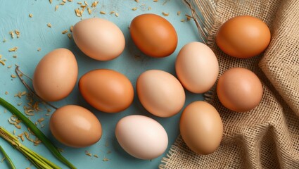 Poster - Fresh brown and white eggs arranged on pastel blue background with beige burlap. Green chives add a pop of color and texture.