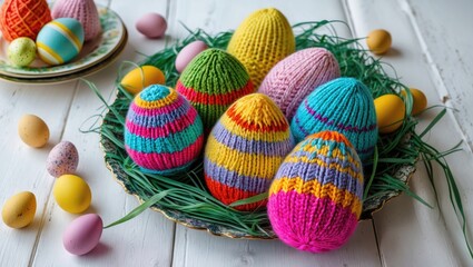 Poster - Colorful knitted Easter eggs in various patterns and colors, arranged in a green nest, surrounded by pastel eggs on a rustic white background.