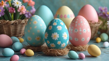Poster - Colorful Easter eggs in shades of pink and blue, adorned with floral patterns, arranged on straw with pastel eggs and flowers in the background.
