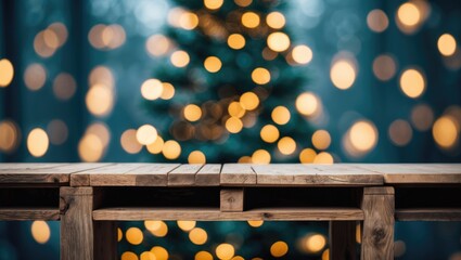 Poster - Wooden table or shelf in foreground with blurred bokeh Christmas tree background featuring warm yellow and green lights, perfect for product display.