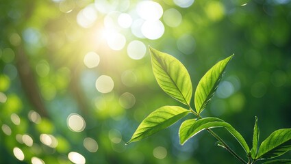 Fototapete - Sunlit green leaves in the foreground with a blurred bokeh background of soft greens and warm sunlight creating a tranquil nature scene.