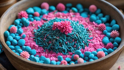 Aufkleber - Vibrant aqua blue potpourri with pink accents in a wooden bowl, featuring floral shapes and textured elements centrally arranged for visual impact.
