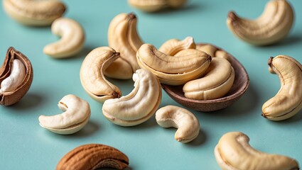 Poster - Organic cashew nuts in a brown bowl with scattered nuts on a light blue pastel background showcasing creamy beige and light brown tones.