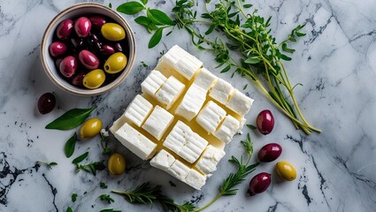 Poster - Feta cheese cubes arranged on a gray marble background with mixed olives and fresh green herbs creating a vibrant food composition.