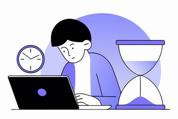 Poster - A person is focused on a laptop, surrounded by a clock and an hourglass, symbolizing time management and productivity in a minimalist design.