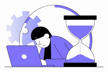 Poster - A focused individual at a laptop, pondering time management, with an hourglass symbolizing urgency and productivity in a minimalistic design.