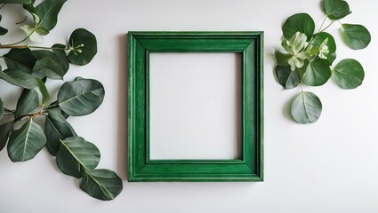 Aufkleber - Green wooden picture frame on a white background with lush green leaves arranged around the frame creating a fresh and vibrant aesthetic.