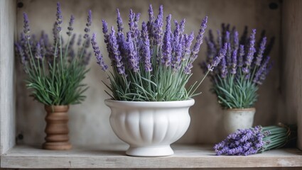 Aufkleber - Decorative lavender plants in various pots on a rustic shelf with natural wooden textures soft purple flowers and earthy tones creating a cozy atmosphere