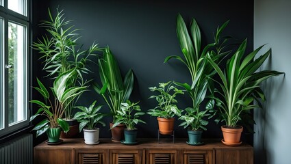Poster - Assorted indoor green plants in various pots arranged against a dark wall with soft natural light illuminating their vibrant foliage.