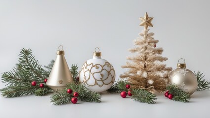 Aufkleber - Christmas decorations featuring a small beige tree, gold and white ornaments, and green pine branches with red berries on a light background.
