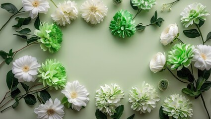 Aufkleber - Top view of vibrant green and white artificial flowers arranged in a circular pattern on a soft pastel green background creating a tranquil scene.