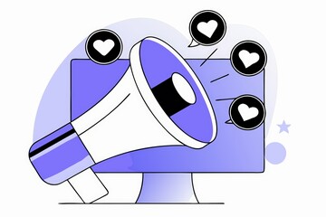 Poster - A digital illustration of a megaphone in front of a screen, emitting love icons, symbolizing communication and engagement.
