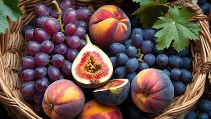 Poster - Colorful fruit basket featuring ripe grapes, figs, and peaches with green leaves creating a vibrant arrangement. Space available for text design.