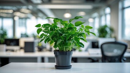 Poster - Green indoor plant in a black pot positioned centrally on a white desk with a blurred office background featuring light gray and green tones.