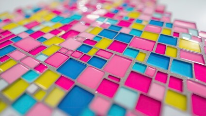 Aufkleber - Colorful mosaic tile pattern featuring vibrant pink, blue, and yellow squares arranged in a dynamic layout creating an abstract design.