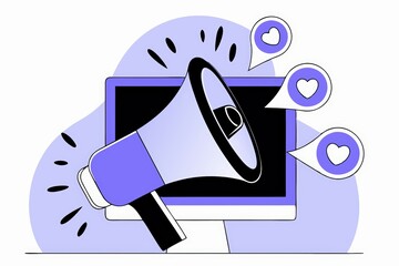Poster - A digital illustration featuring a megaphone next to a computer, symbolizing online communication and engagement through social media.