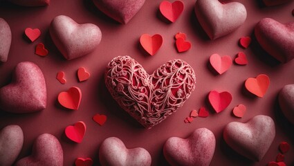 Aufkleber - Abstract romantic theme featuring a central decorative heart in intricate patterns surrounded by smaller red hearts on a deep red background with ample copy space.