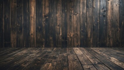 Poster - Grunge dark wood background with deep brown and black tones, featuring vertical wooden panels and a textured floor ideal for product display.