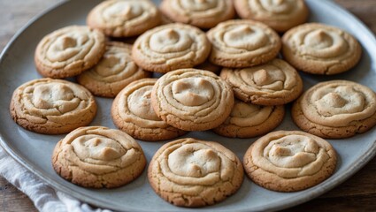Poster - Delicious golden brown cookies on a round light gray plate with a rustic wooden background, creating a warm and inviting atmosphere.