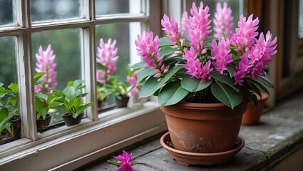 Aufkleber - Blooming pink azalea plant in a terracotta pot on a rustic windowsill with vibrant greenery and soft natural light reflecting through the glass.